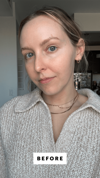 A selfie of Allure beauty director Sarah Kinonen before using the Dr. G Green Mild Up Defense Mineral Sunscreen