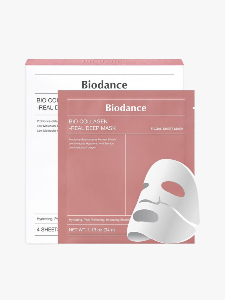 Biodance Bio Collagen Real Deep Mask white box, pink sachet, and white sheet mask on a light gray background